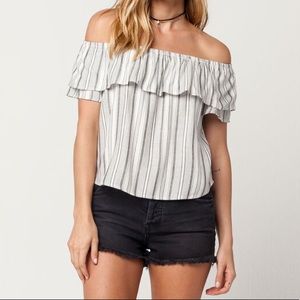 socialite striped flounce off the shoulder top